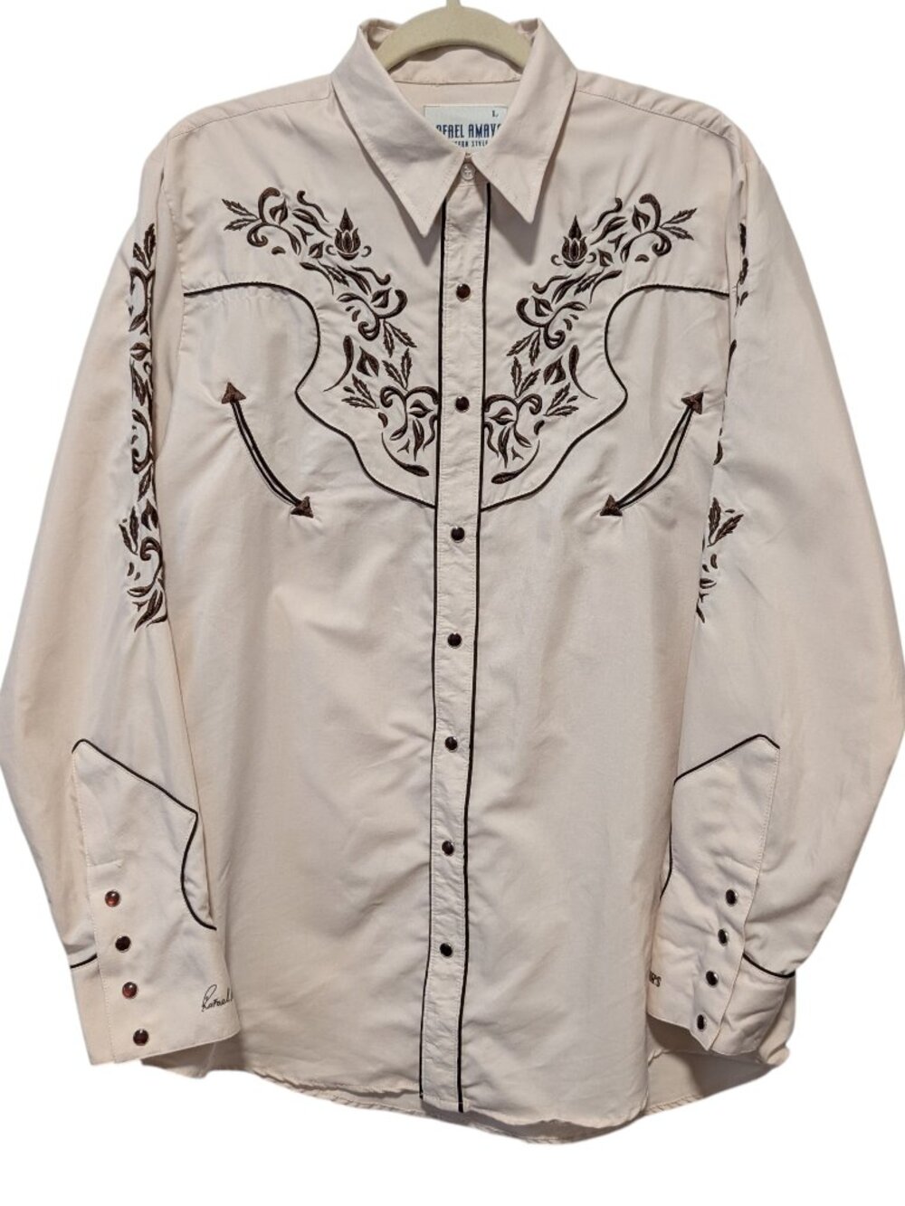 Rafael Amaya Rangers Mens Sz L Beige Embroidered Pearl Snap Western Rodeo Shirt